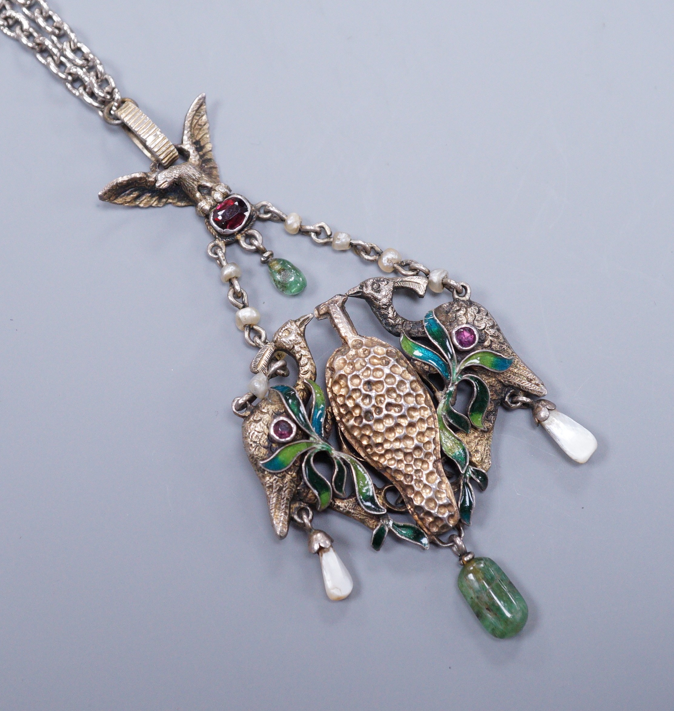 An Austro-Hungarian style enamelled and gem set white metal pendant, 8.5cm, on later chain